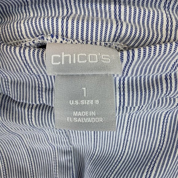 Chico's Pants Womens 8 Blue White Striped Straight Leg Stretch Side Slit Hem - Picture 11 of 14